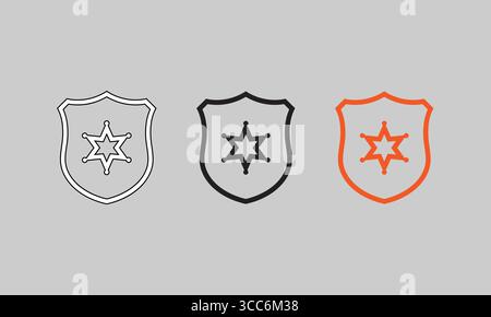 Sheriff-Abzeichen-Symbole mit sechs-Punkt-Stern im Outline-, Schwarz- und Orange-Stil Stock Vektor