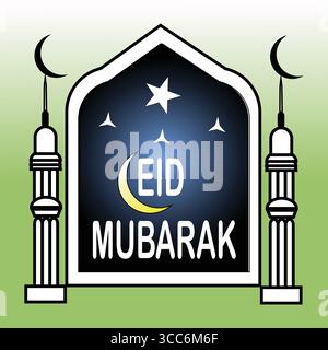 Eid Mubarak Gruß in einem islamischen Bogen mit Moscheen Stock Vektor