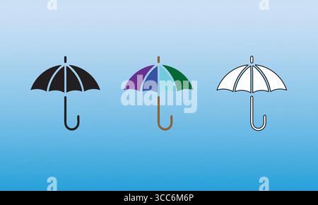 Drei stilisierte Regenschirmsymbole in Silhouette, Farbe und Kontur Stock Vektor