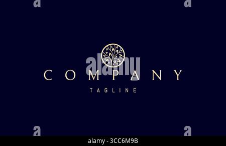 Ein goldenes Vektor-Logo mit einem abstrakten Bild blühende Blumen mit kreisförmig angeordneten Blättern, die Wachstum, Harmonie und Natur symbolisieren. Stock Vektor