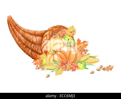 Aquarell-Füllung mit Kürbis, Gemüse, Obst. Handgezeichnete Illustration isoliert auf weißem Hintergrund. Geeignet für Café-Menü, Kochen, Essen Stockfoto