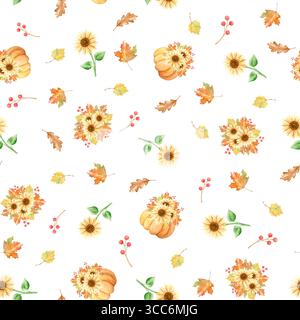 Wunderschöne Herbstkürbisse und Sonnenblumen nahtloses Muster. Aquarellorange Kürbis, Herbstkomposition, Blätter und Beeren auf weißem Hintergrund. Stockfoto