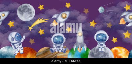 Flieder Himmel, Wolken, Sterne, Mond, Astronauten, Kosmonauten, Raumschiff, Raumschiff, Planeten bilden diesen Raum der nahtlosen Grenze Stockfoto