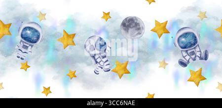 Blauer Himmel, flauschige Wolken, Sterne, Mond, Astronaut, Kosmonaut im Helm, Nebel bilden diesen Raum der nahtlosen Grenze Stockfoto