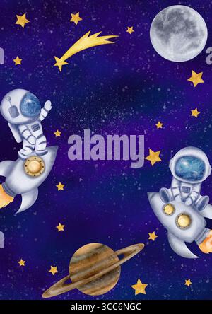 Rechteckiger Rahmen mit Astronauten, Kosmonauten, Weltraumraketen, Raumschiffen, Mond, Sterne, Wolken, Himmel, Saturn Stockfoto