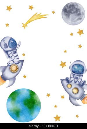 Rechteckiger Rahmen mit Astronauten, Kosmonauten, Weltraumraketen, Raumschiffen, Mond, Sterne, Wolken, Himmel, Erde Stockfoto