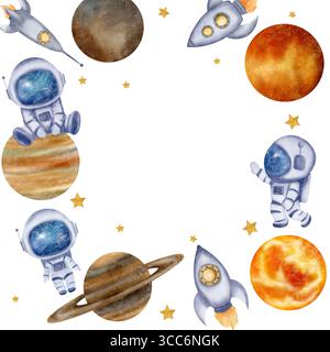 Quadratischer Rahmen mit Astronauten, Kosmonauten, Raketen, Raumschiffen, Sternen, Saturn, Sonne, Venus, Jupiter, Wolken, Himmel Stockfoto