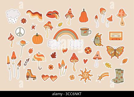 Set mit 70er Jahre Herbst Vibe Aufkleber. Retro-Pilz, Regenbogen, Kürbisse, Lippen, Friedenszeichen, Sticker im Hippie-Stil mit Schmetterling. Vintage psychedelisch groovige flache s Stock Vektor