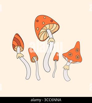 Set von Retro-Hippie-Pilzen flache Vektor-Illustration. Vintage Herbst groovige Vibe psychedelische Element im Stil der 70er und 80er Jahre. Stock Vektor