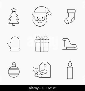 Einfache Kontursymbole mit Weihnachtssymbolen wie Baum, Weihnachtsmann, Geschenke und Dekorationen, Vektorillustration Stock Vektor