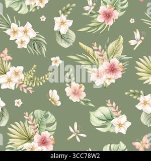 Tropische Hibiskus Plumeria Heliconia Blumen exotische grüne Pflanzen Aquarell handgemalte Sommer nahtlose Muster auf Salbei Hintergrund für niedliches Kinderzimmer W Stockfoto