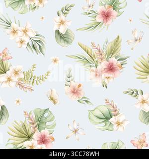 Tropische Hibiskus Plumeria Heliconia Blumen exotische grüne Pflanzen Aquarell handgemalte Sommer nahtlose Muster auf blauem Hintergrund für niedliches Kinderzimmer W Stockfoto