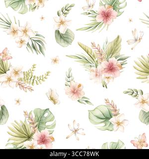 Tropische Hibiskus Plumeria Heliconia Blumen exotische grüne Pflanzen Aquarell handgemalte Sommer nahtlose Muster auf weißem Hintergrund für niedliches Kinderzimmer Stockfoto