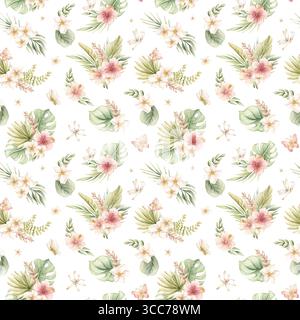 Tropische Hibiskus Plumeria Heliconia Blumen exotische grüne Pflanzen Aquarell handgemalte Sommer nahtlose Muster auf weißem Hintergrund für niedliches Kinderzimmer Stockfoto