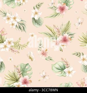 Tropische Hibiskus Plumeria Heliconia Blumen exotische grüne Pflanzen Aquarell handgemalte Sommer nahtlose Muster auf rosa Hintergrund für niedliches Kinderzimmer W Stockfoto