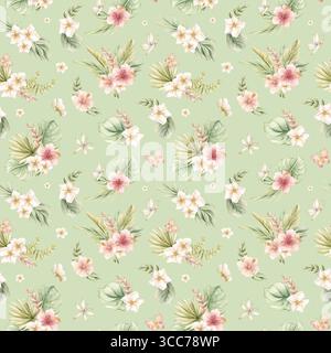 Tropische Hibiskus Plumeria Heliconia Blumen exotische grüne Pflanzen Aquarell handgemalte Sommer nahtlose Muster auf Salbei Hintergrund für niedliches Kinderzimmer W Stockfoto