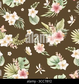 Tropische Hibiskus Plumeria Heliconia Blumen exotische Pflanzen Aquarell handgemalte Sommer nahtlose Muster auf dunkelbraunem Hintergrund für niedliches Kinderzimmer W Stockfoto