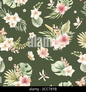 Tropische Hibiskus Plumeria Heliconia Blumen exotische Pflanzen Aquarell handgemalte Sommer nahtlose Muster auf dunkelgrünem Hintergrund für niedliches Kinderzimmer W Stockfoto