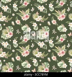 Tropische Hibiskus Plumeria Heliconia Blumen exotische Pflanzen Aquarell handgemalte Sommer nahtlose Muster auf dunkelgrünem Hintergrund für niedliches Kinderzimmer W Stockfoto