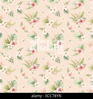 Tropische Hibiskus Plumeria Heliconia Blumen exotische grüne Pflanzen Aquarell handgemalte Sommer nahtlose Muster auf rosa Hintergrund für niedliches Kinderzimmer W Stockfoto