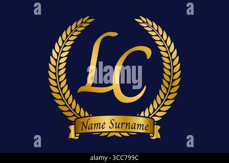 Anfangsbuchstaben L und C, LC-Monogramm-Logo mit Lorbeerkranz. Luxuriöses goldenes Emblem mit Kalligraphie-Schriftart. Stock Vektor
