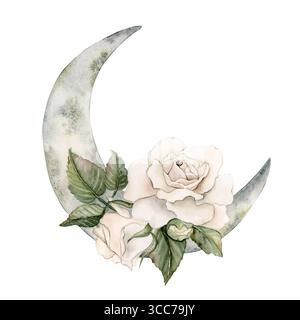 Weiße Rosen mit Knospen Blätter und Sichel Mond Blume Arrangement Aquarell Hand bemalt florale isolierte Illustration für Hochzeit Design Heimtextilien Stockfoto