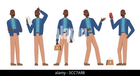 Afro-Geschäftsmann in verschiedenen professionellen Posen auf isolierter weißer Hintergrund-Vektor-Illustration Stock Vektor