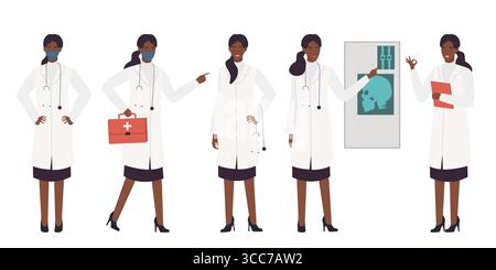 Afro-Ärztin in verschiedenen professionellen Posen, isoliert auf weißem Hintergrund Vektorillustration Stock Vektor