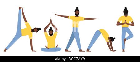 Verschiedene Yoga-Posen von Afro-Yogalehrer, isolierte Vektor-Illustration Stock Vektor