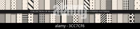 Sammlung von nahtlosen Vektormustern in Schwarzweiß. Einfache gepunktete und gestreifte geometrische Texturen – wiederholbare beige Hintergründe. Ungewöhnliches Design Stock Vektor