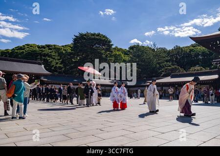 Prozession von Braut und Bräutigam während einer Shinto-Hochzeit am Meiji Jingu Shinto-Schrein, Yoyogikamizonocho, Shibuya City, Tokio, Kantō, Honshu, Japan Stockfoto