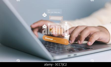 Künstliche Intelligenz, virtueller Assistent und technologische Innovation. Nahaufnahme der Hände, die auf dem Laptop tippen, mit KI-Chatbot-Oberfläche und Prompt-Text. Stockfoto