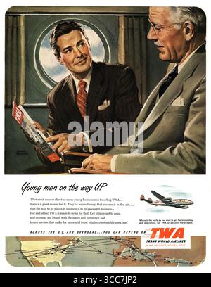 1952 TWA-Werbespot, junger Mann auf dem Weg nach oben, Illustration von Frank Bensing Stockfoto