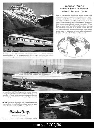 1958 Canadian Pacific Travel System Ad, Streamliner The Canadian, Kreuzfahrtschiff White Empress, Jet Britannia „Service by Land by Sea by Air“ Stockfoto