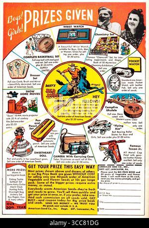 1947 Werbung für die American Seed Co. Aus Lancaster, Pennsylvania. Jahrzehntelang waren diese Anzeigen ein Grundnahrungsmittel auf der Rückseite von Comicbüchern für Kinder und boten Kindern die Möglichkeit, „auf einfache Weise Preise zu erhalten“, indem sie Pakete mit Gemüse- und Blumensamen verkauften. Stockfoto
