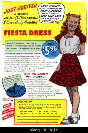 1948 mexikanisches T-Shirt Nee Original 2-teiliges Fiesta Kleid mit fröhlichem Druck Werbespot Stockfoto