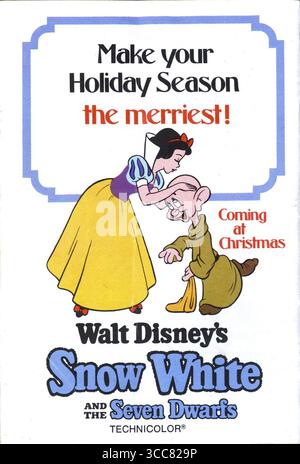 1975 Werbespot für Walt Disney's Snow White and the Seven Dwarfs, in dem er als Weihnachtsveröffentlichung für „Make Your Holiday Season the Merriest!“ wirbt. Stockfoto