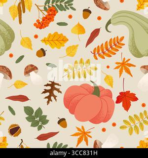 Nahtloses Herbstmuster mit verschiedenen Blättern, Kürbissen und Pilzen. Vektorillustration in trendigem flachen Stil Stock Vektor