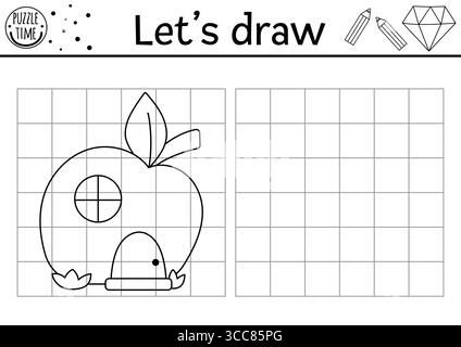 Zeichnen Sie das Zwerghaus in Form eines Apfels. Übungsblatt zum Vektorzeichnen mit Fantasy Home. Magic Forest druckbare Schwarzweiß-Aktivität für Kinder. C Stock Vektor