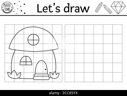 Zeichnen Sie das Zwerghaus in Form eines Pilzes. Übungsblatt zum Vektorzeichnen mit Fantasy Home. Magic Forest druckbare Schwarzweiß-Aktivität für Kinder Stock Vektor