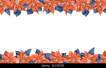 Rechteckiger Weihnachtsrahmen mit Weihnachtsstern, handgezeichnet. Aquarellabbildung. Eine festliche Vorlage mit Platz zum Einfügen von Postkarten und Einladungen. Stockfoto