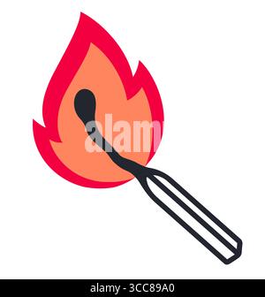 Brennende Matchstick-Vektor-Illustration. Halb verbrannte Match in Flammen, einfaches Symbol in kräftigen Farben oder Logo. Stock Vektor