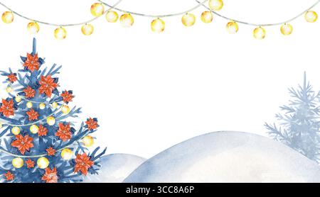 Ein festlicher Rahmen mit einem Weihnachtsbaum, Girlanden und Schneetreiben, handgezeichnet. Aquarellabbildung. Eine Vorlage mit einem Ort zum Einfügen Stockfoto