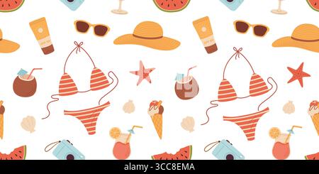 Nahtloses Muster für den Sommer mit Strandaccessoires und Artikeln. Bikini, Sonnenbrille, Creme, Wassermelone, Hut, Eis, Cocktail, Kamera. Cartoon-Vektor illustr Stock Vektor