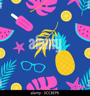 Nahtloses Sommermuster mit Strandartikeln und Obst. Wassermelone, Sonnenbrille, Eis, Ananas, tropische Blätter, Zitrone. Vektorabbildung. Drucken, Stock Vektor