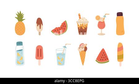 Eine Reihe von Sommer-Getränk, Essen und Obst Vektor-Illustration. Cocktail, Eis, Wasser, Wassermelone, Ananas, Latte, Sprudelmilchtee. Stock Vektor