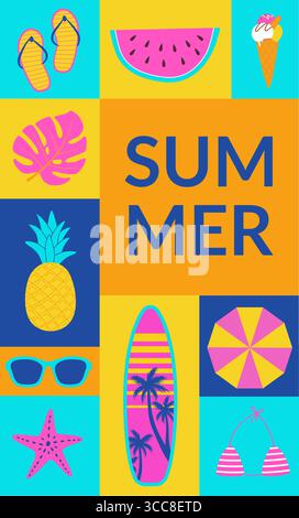 Sommer-Hintergrund in geometrischem Stil. Poster-Banner im Sommer, Flyer-Design für Web, Shop, Bar, Reisen. Surfbrett, Sonnenschirm, Bikini, Seesterne Stock Vektor