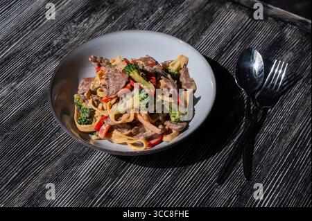 Pasta mit Rindfleisch, Pilzen und Gemüse. Stockfoto