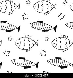 Fisch mit nahtlosem Sternmuster. Schwarz-weiß-Fischkritzelmuster. Stock Vektor