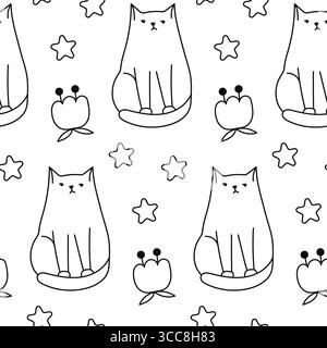 Nahtloses Doodle-Muster mit Katzen und Sternen. Stock Vektor
